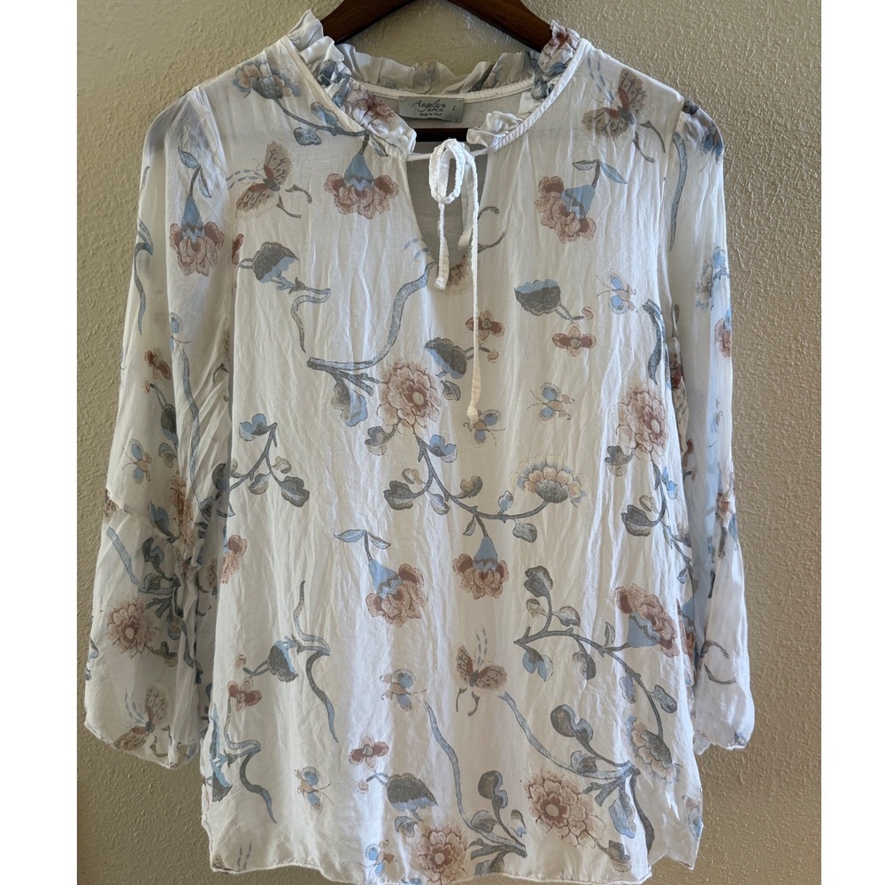 Angela Moda Italy Silk Floral Peasant Blouse Ruffle Tie Neck Top Small Boho